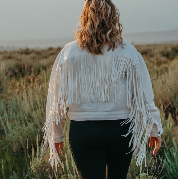 Faux Leather Fringe White Denim Oversized Cropped Boho Summer Festival Jacket - Picture 4 of 16